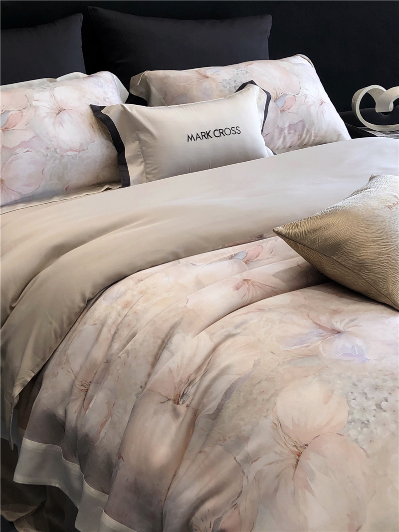Cool ultra-fine denier Tencel summer light and cool condensation filament four-piece set, elegant printed sweat-absorbing nude bedding pic 37