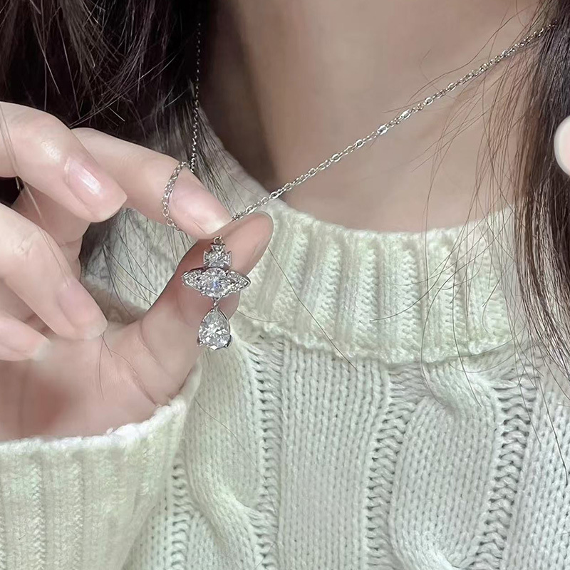 Versa Vivien土星项链 西太后人鱼眼泪满钻吊坠项链 女款锁骨链详情2