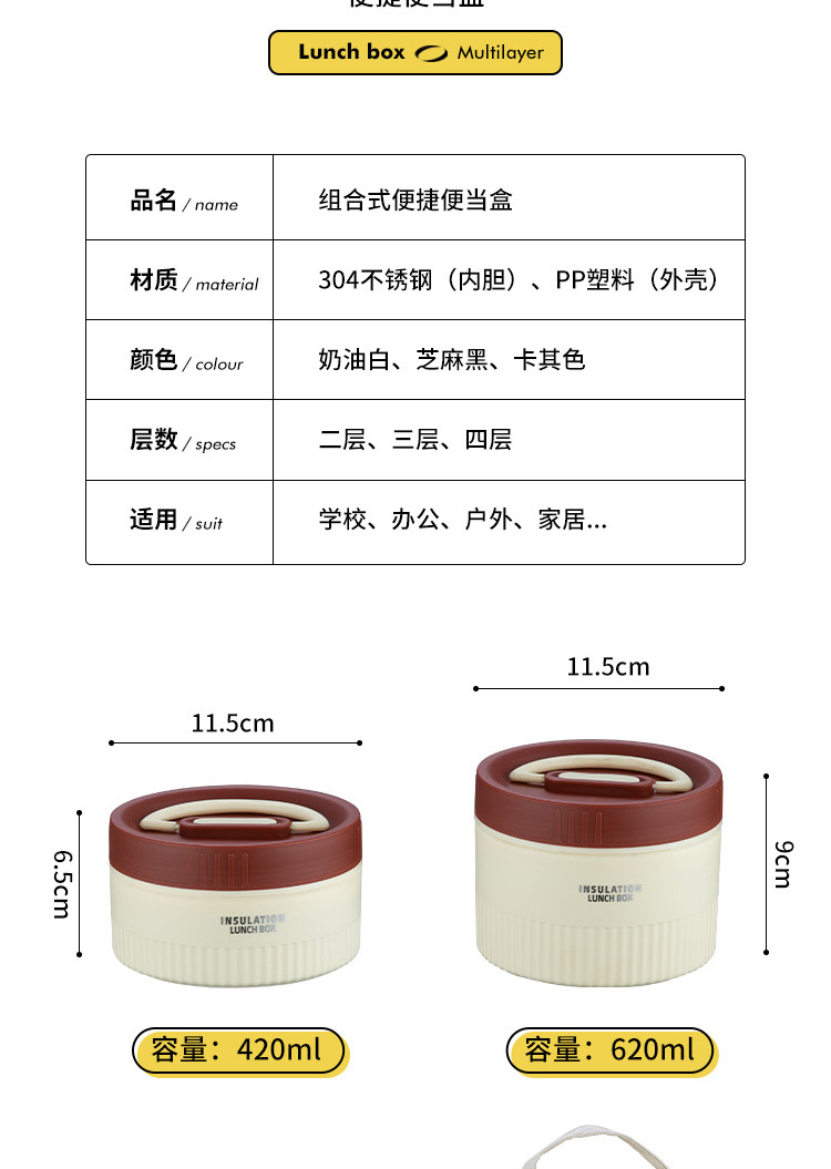 304不锈钢便当盒保温饭盒汤碗高颜值午餐盒学生便携分格多层饭盒详情15