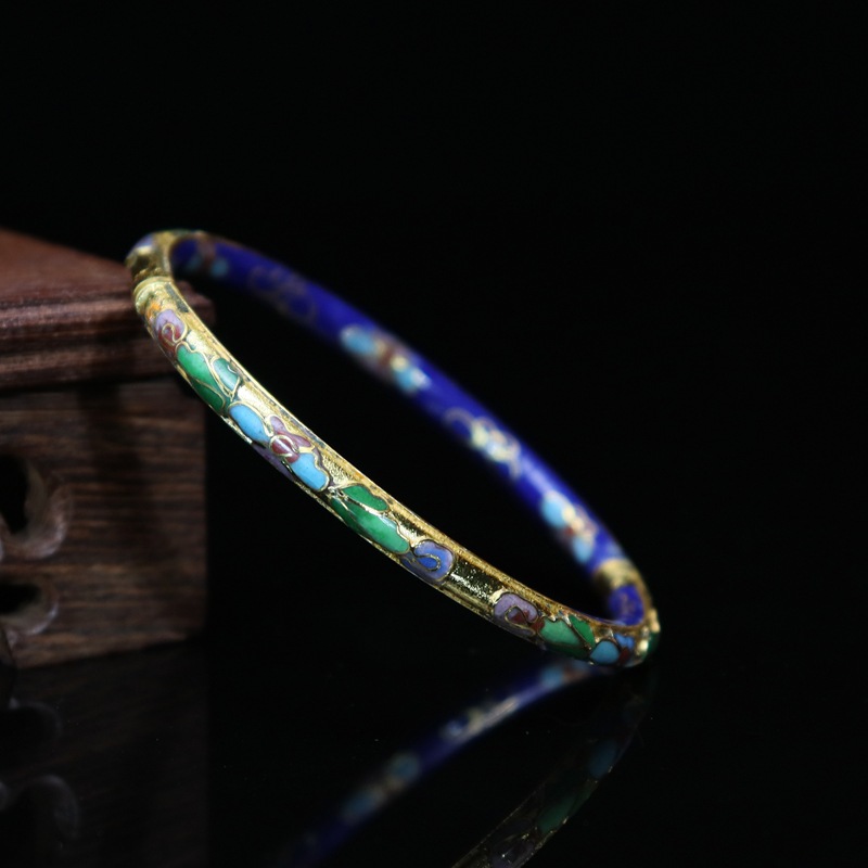 Beijing Cloisonne vintage collectibles, classical ethnic style copper body cloisonne enamel jewelry, gold base open bracelet pic 3
