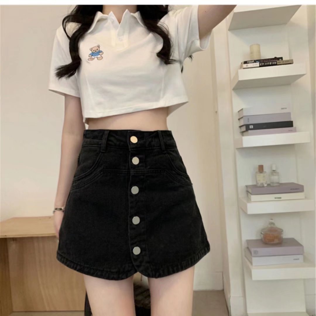 大码胖mm假两件裤裙显瘦半身短裤裙女夏季高腰牛仔短裙黑色a字裙详情3