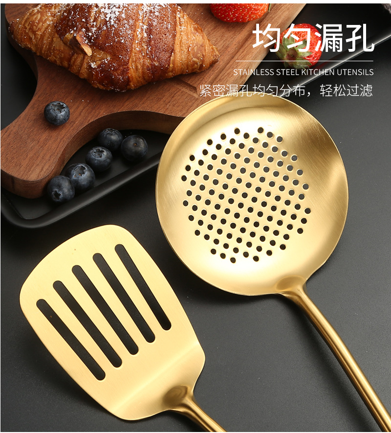 跨境新款金色烹饪锅铲汤勺大漏面捞煎铲饭勺不锈钢木柄厨具六件套详情8