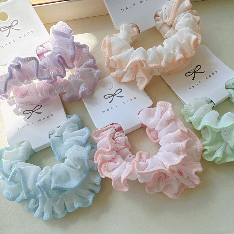 Two flower-patterned fabric ponytail hair bands for a cute and fresh girl, sweet and versatile, with lace small intestine loops and bun hair ties pic 9