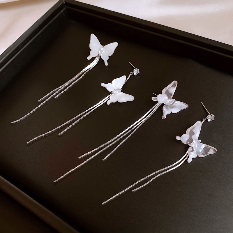 银针不对称蝴蝶树脂流苏耳钉气质高级感耳环甜美小清新耳饰批发女详情15