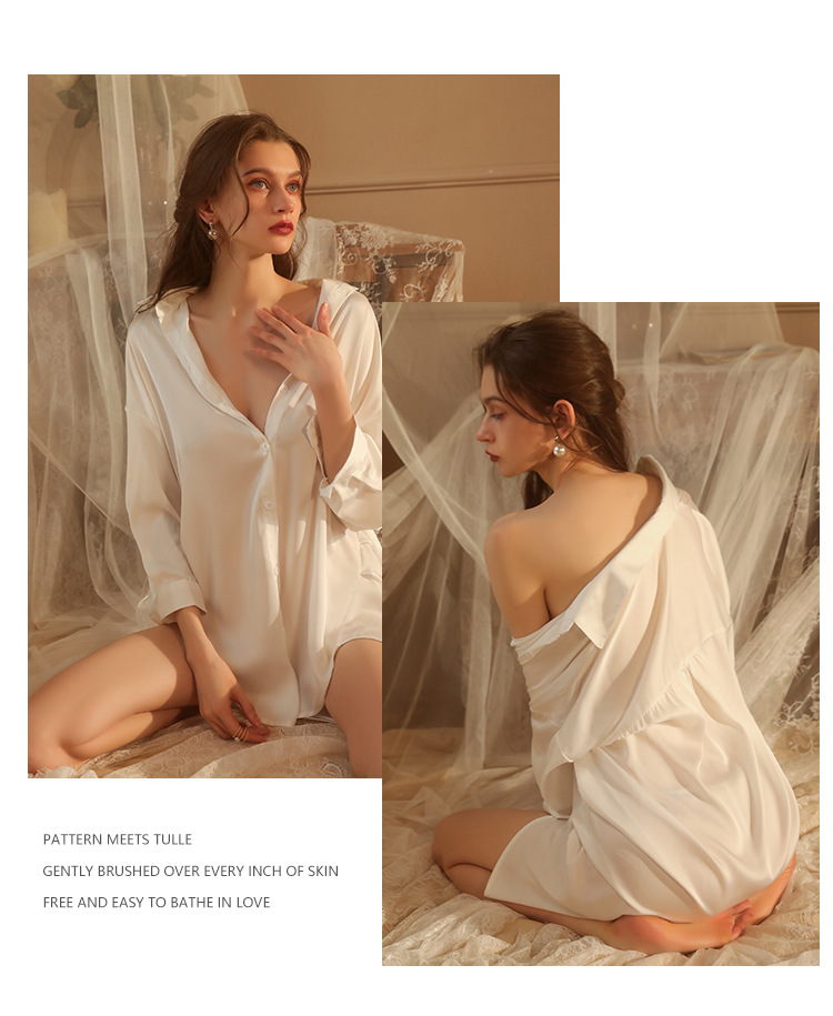 Guiruo Spring/Summer Sexy Loose Plus-size Boyfriend Style Solid Color Shirt Pure Desire Seductive Nightgown Home Wear Set 1902 pic 7