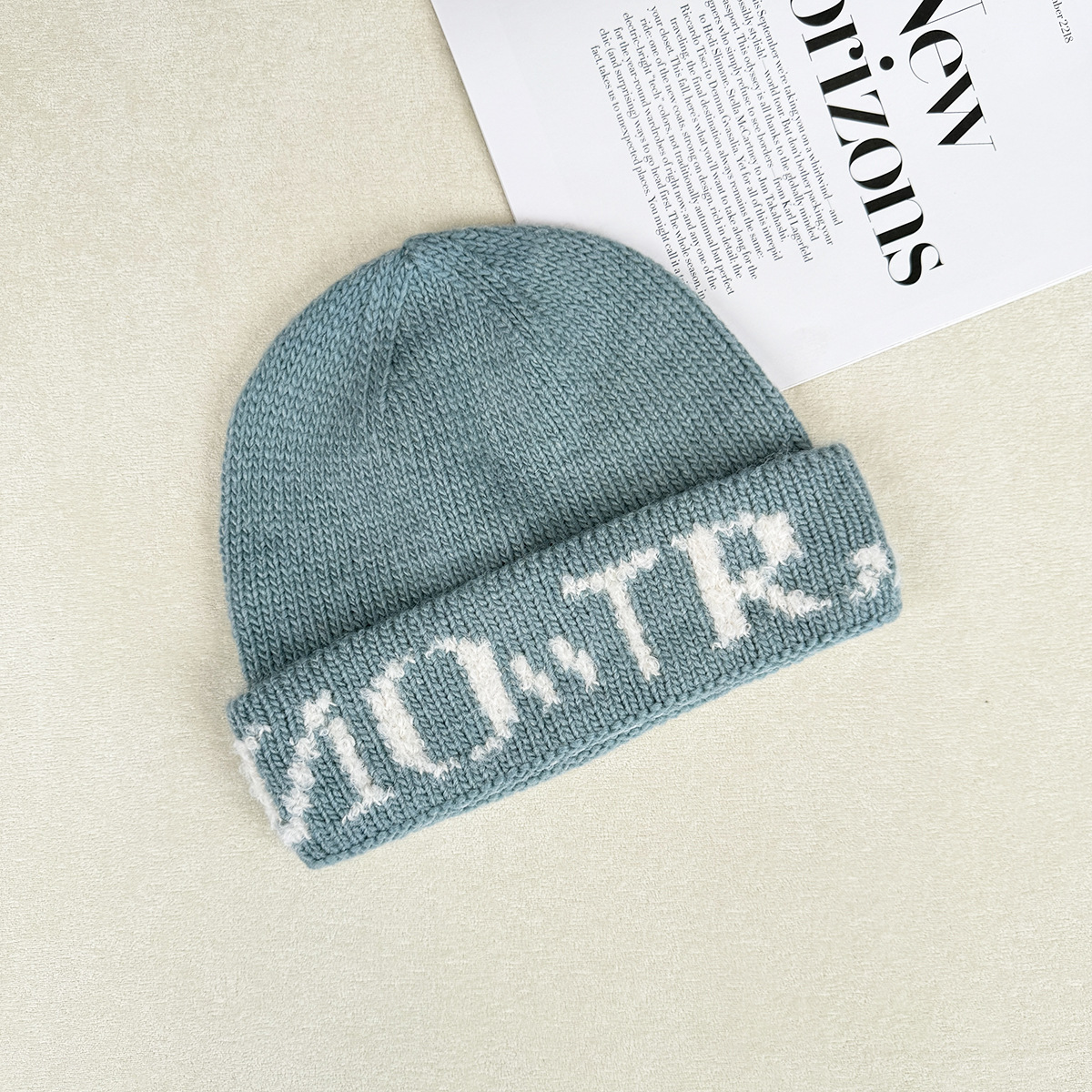 Korean style InS-style letter headwear, round face hat, small woolen knitted hat, warm head wrap for women in autumn and winter pic 6