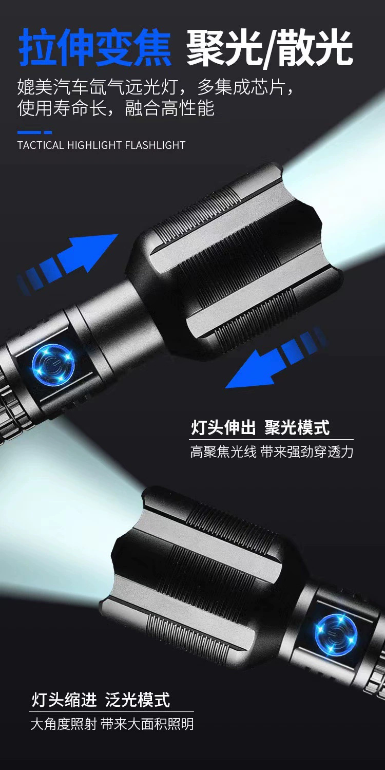 Cross-border high-intensity flashlight, quad-core telescopic zoom, battery level display, USB charging, outdoor long-range waterproof flashlight pic 4