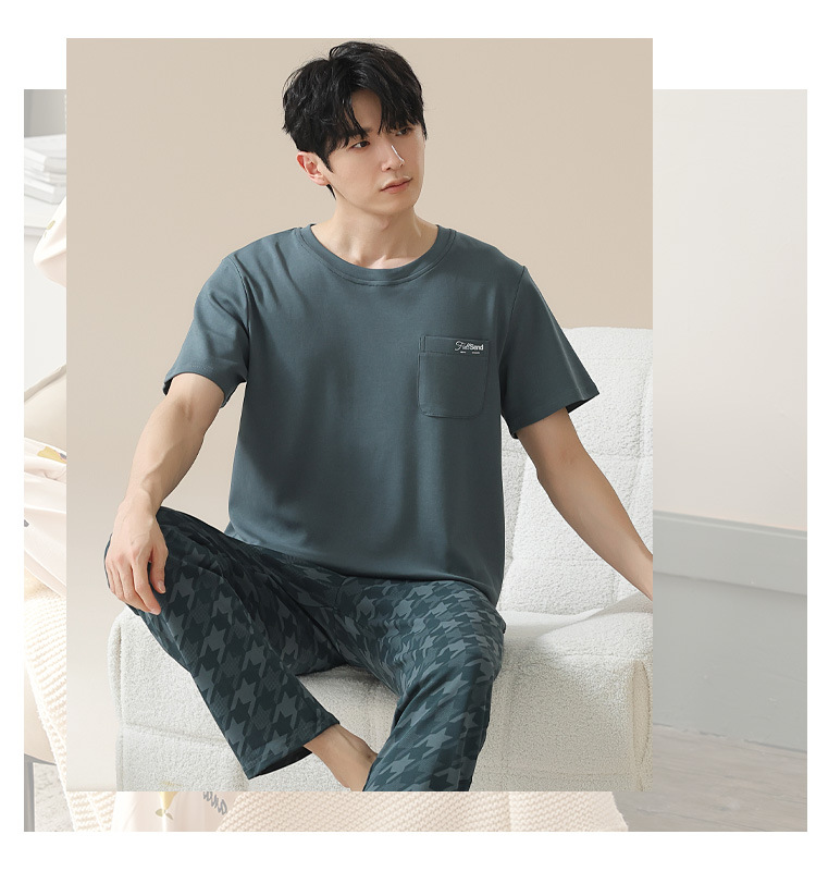 Summer pure cotton pajamas for men, cartoon casual short-sleeved shirts and long pants, pure cotton comfortable home wear, summer youth student set pic 74