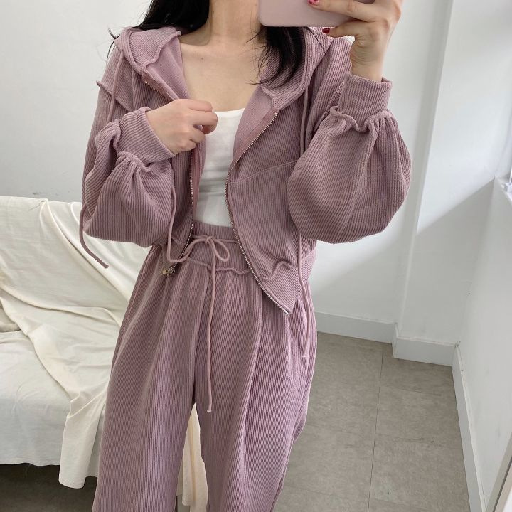 春秋季薄款时尚套装休闲宽松直筒裤女套装宽松显瘦拉链连帽两件套详情11