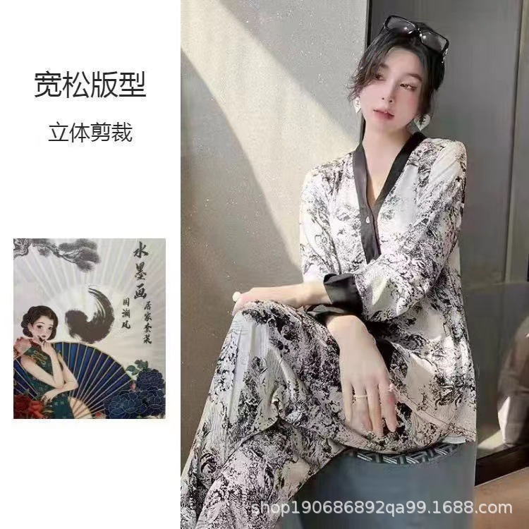 国潮春夏新款国潮水墨画居家服长款印花冰丝睡衣高级性感时尚四件套装详情5