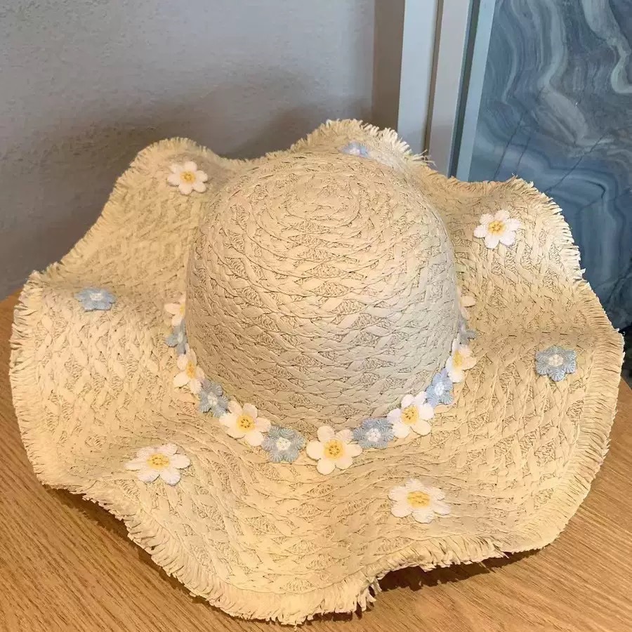 Summer seaside beach vacation style photo shoot, flower-filled brim straw hat, versatile and simple sun protection hat, trendy handicrafts, folk handicrafts, straw weaving pic 2