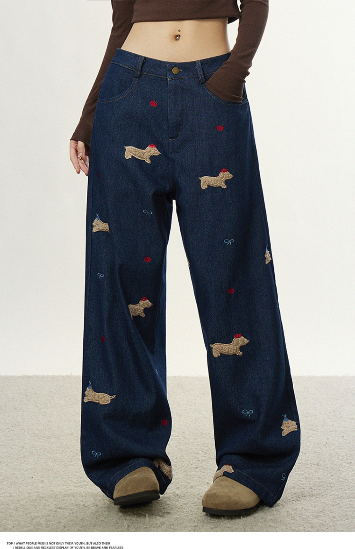 美式复古小狗贴布刺绣牛仔裤男女春秋设计感直筒裤宽松阔腿拖地裤详情8