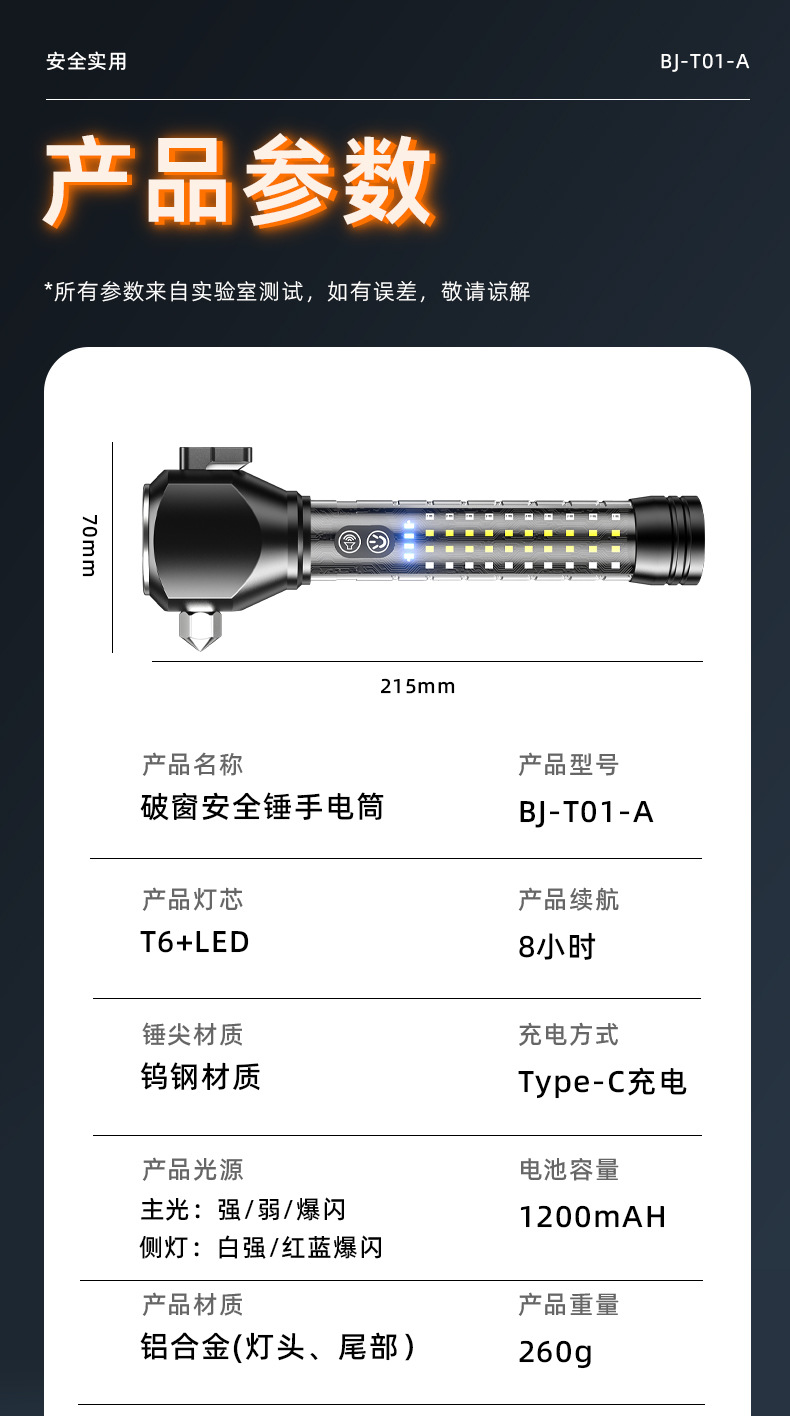 Super Art Multi-functional outdoor fire safety hammer, strong light flashlight charging, explosion-proof alarm, red and blue flash emergency self-driving safety tool pic 17