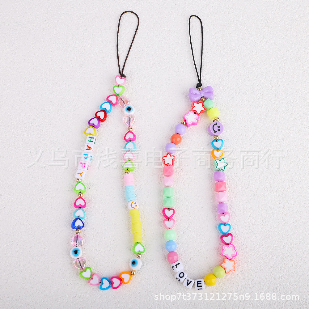 Cute heart-shaped mobile phone lanyard diy acrylic beaded mobile phone chain letter heart-shaped mobile phone protective pendant pic 3