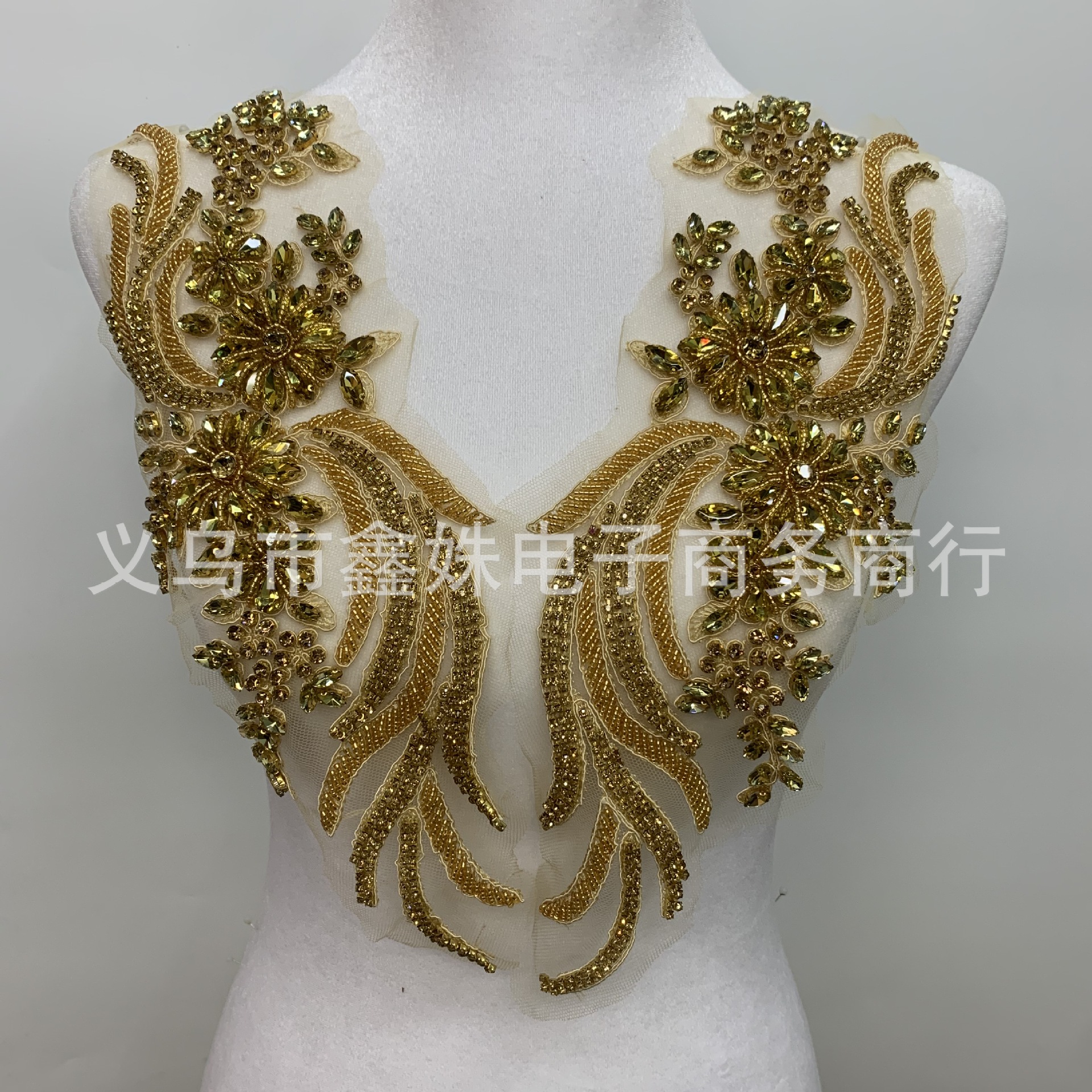 金AB手工钉珠蕾丝凤尾对花 婚纱礼服贴花详情19