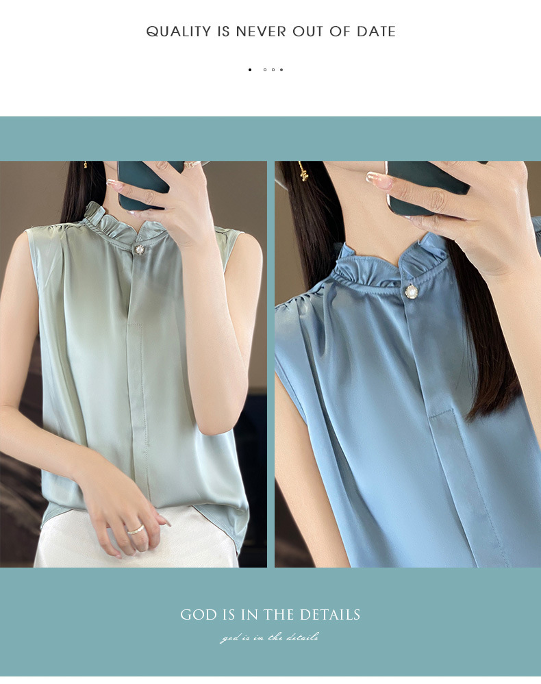 木耳边无袖缎面衬衫背心女立领薄气质衬衫女上衣背心内搭无袖T恤详情6