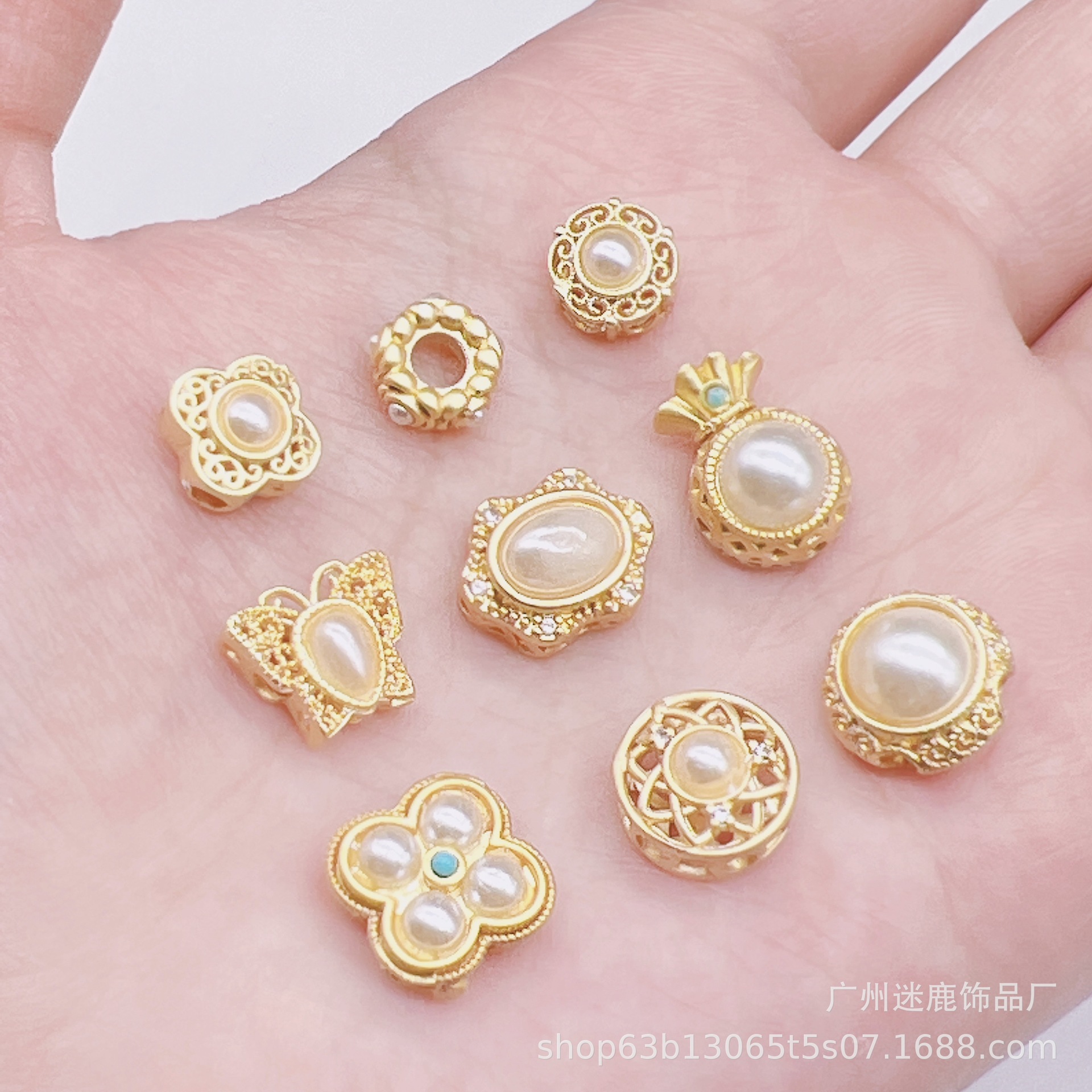 古法金镂空福袋四叶草镶嵌珍珠合集散珠手链项链配件荔湾厂家批发详情9