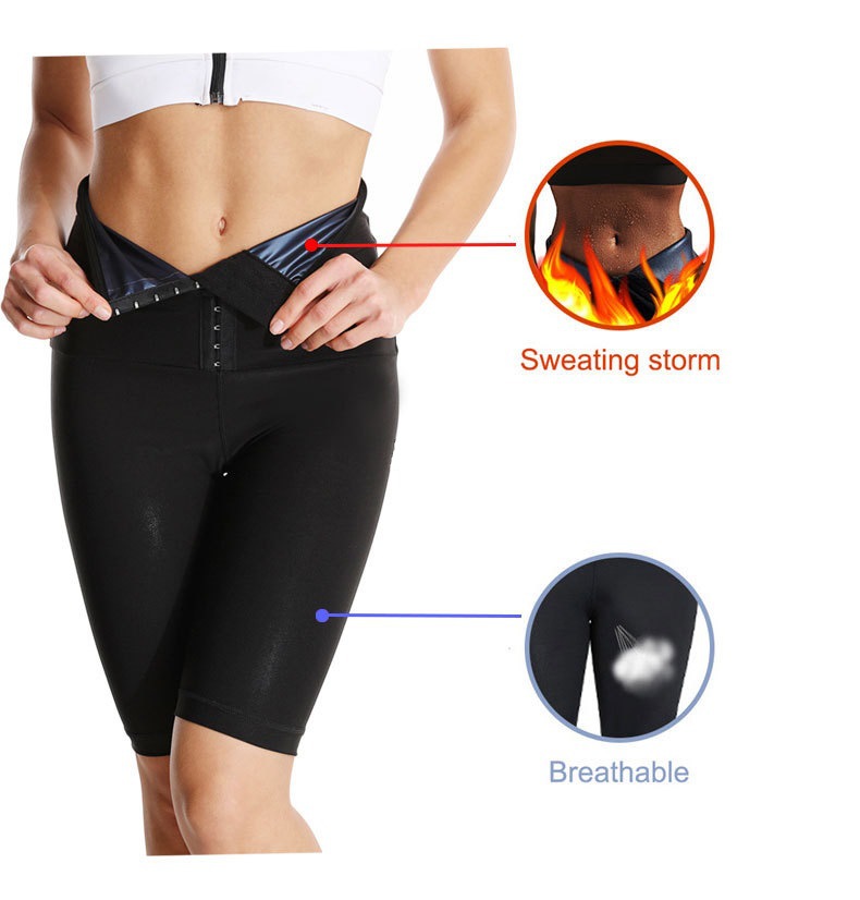 T跨境专供夏季涂层暴汗五分裤高腰排扣运动紧身裤跑步发汗运动裤详情2