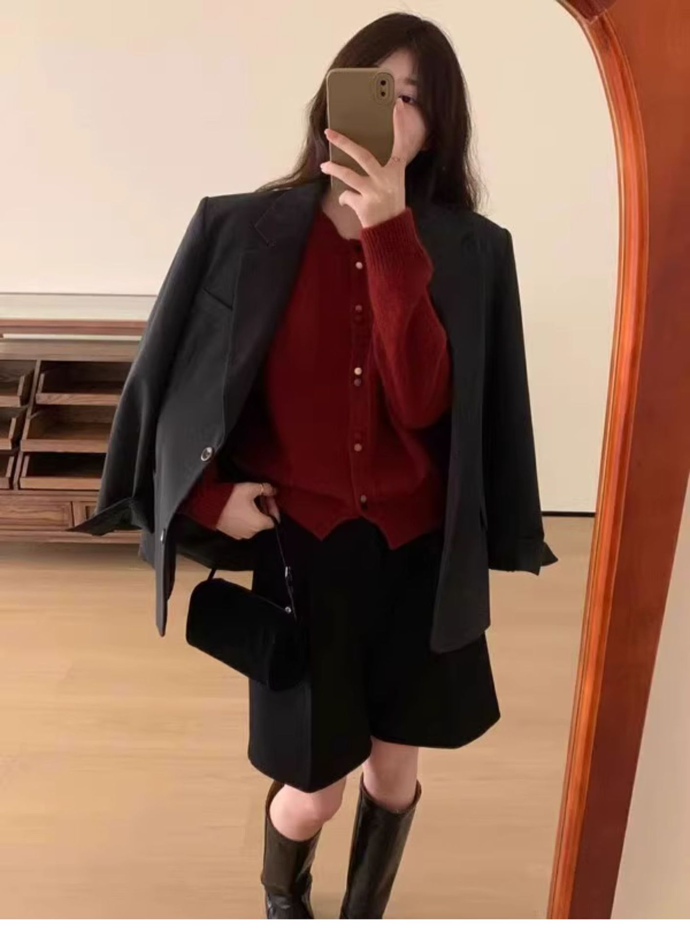 新年红色圆领针织开衫外套女秋冬慵懒风加厚毛衣宽松短款上衣外穿详情9