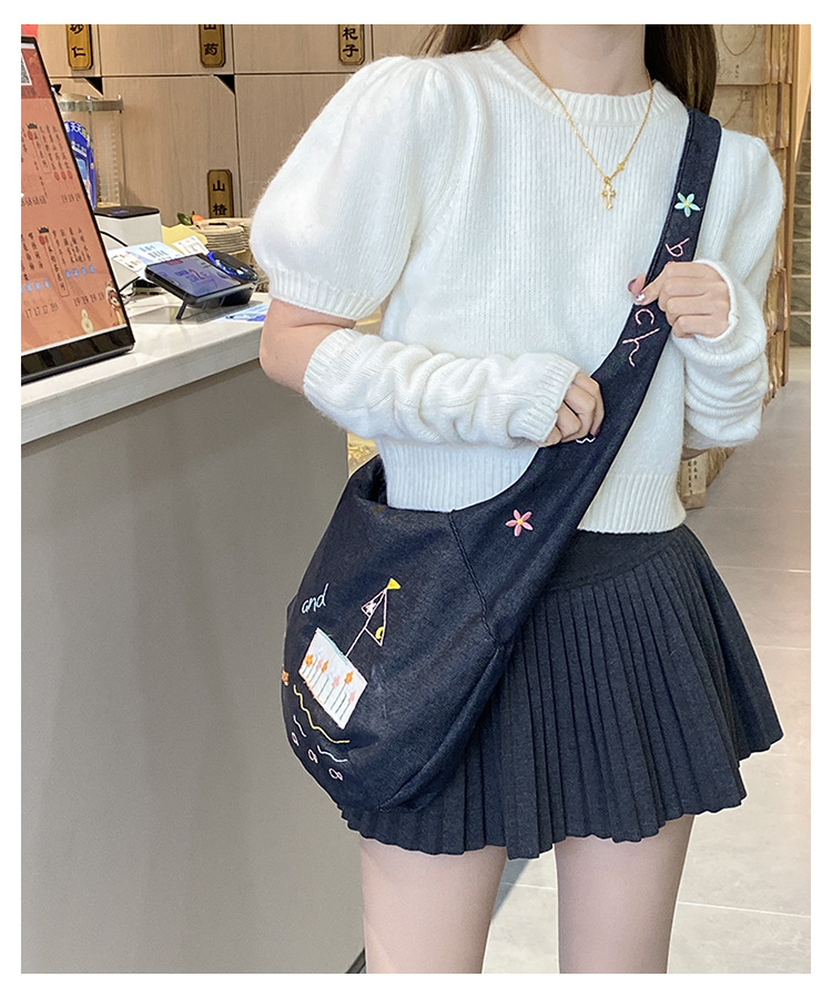 ins新款小插画牛仔斜挎包包女百搭大容量单肩包袋口拉链学生书包详情21