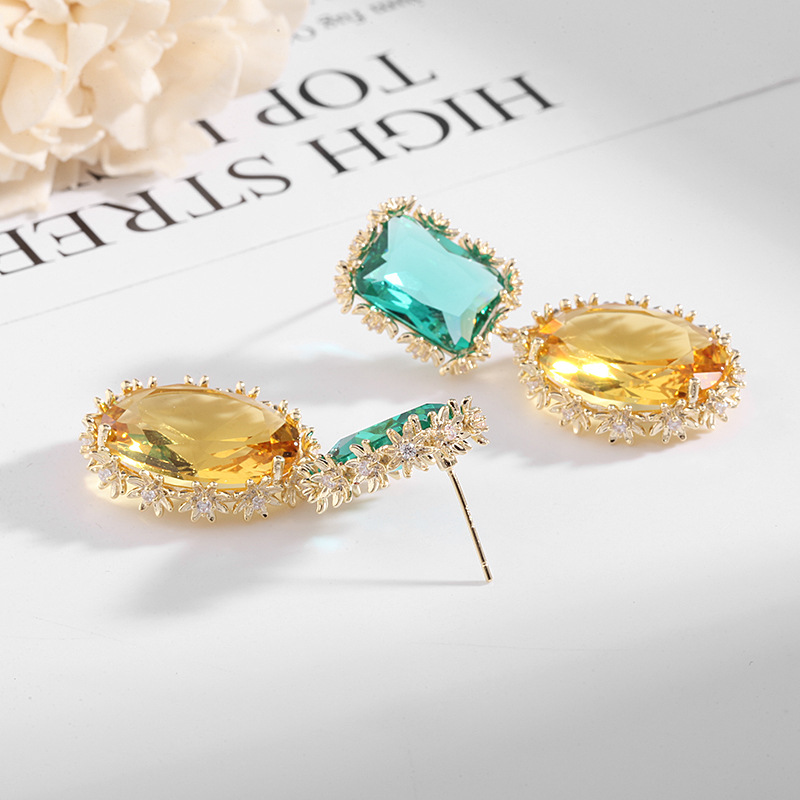 Summer Korean Heavy Industry colorful crystal simple earrings, fashionable silver needle color preservation real gold, popular geometric zircon earrings pic 13