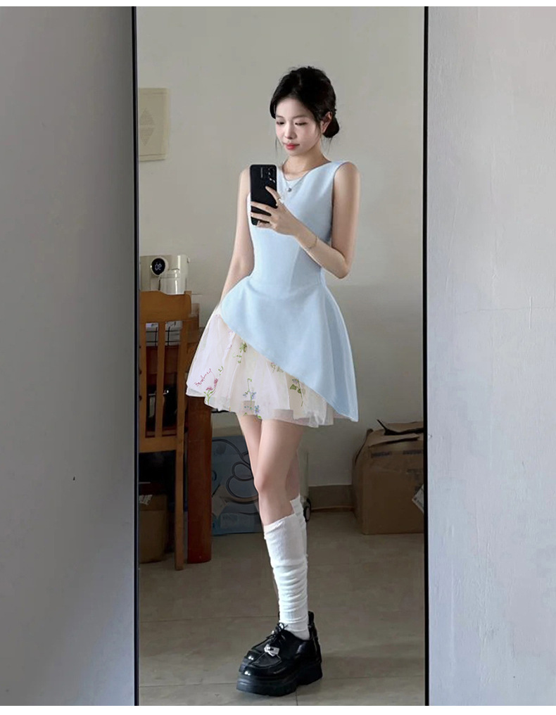 蓝色掐腰a字连衣裙无袖小裙子女夏季短裙蓬蓬裙短款夏日绝美生日详情18
