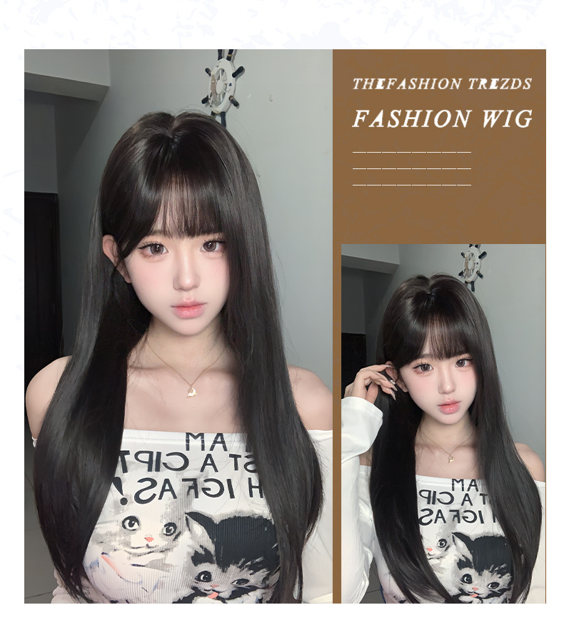 Wholesale of full-length headsets for trendy girls with fake black hair, long straight lines, natural fluffiness, and simulated bangs pic 11