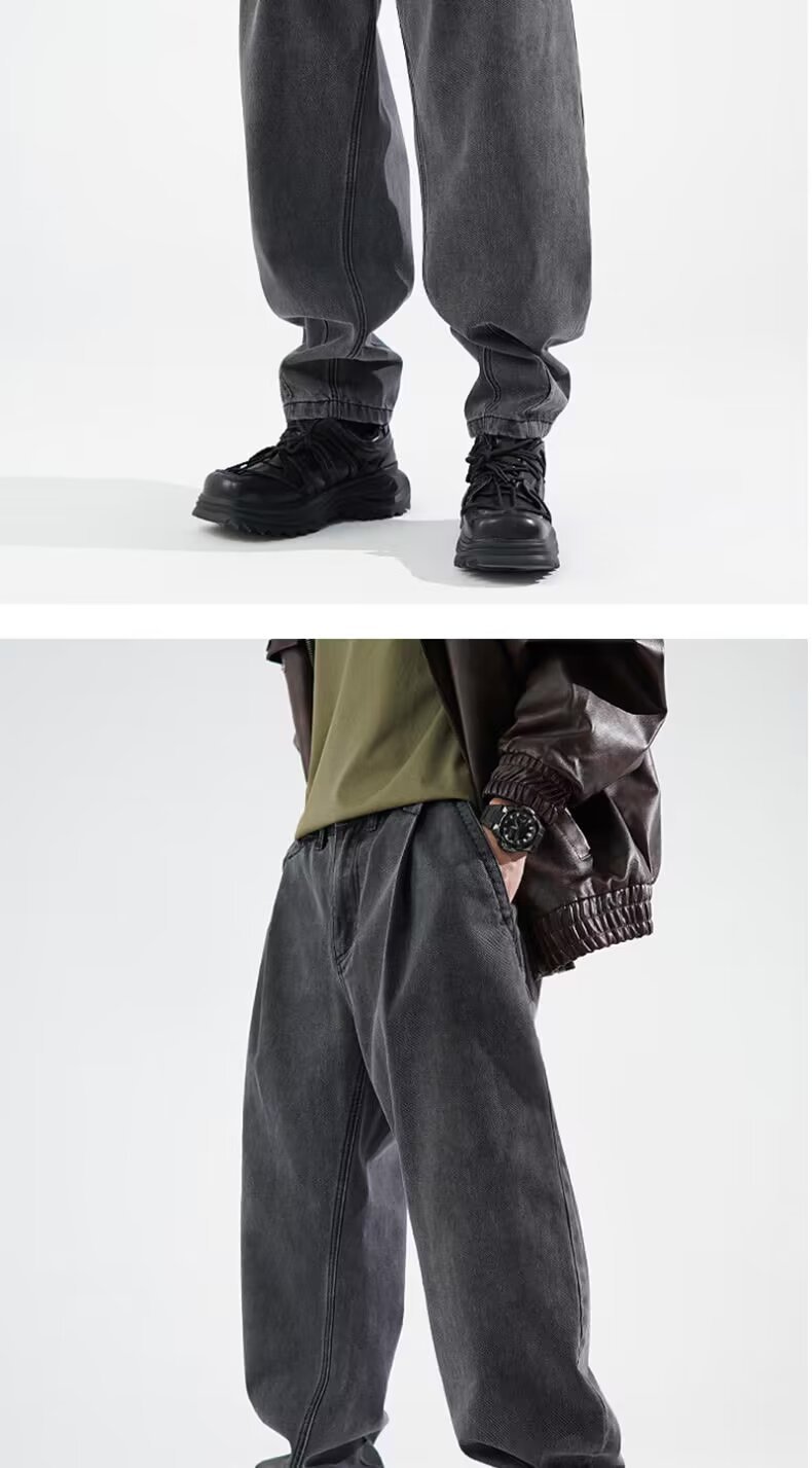 FUIV American-style jeans for men, washed and aged, high street straight, loose, trendy brand wide-leg long pants for men pic 5