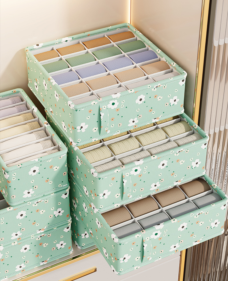 Green Little Flower Underwear Storage Box, underwear storage drawer, compartments box, Multi-functional socks classification box, wardrobe pic 2