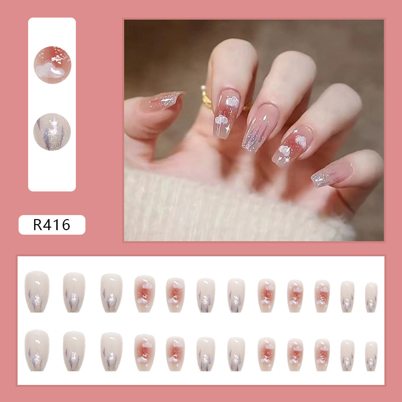 Wearable nail stickers, ballet nails, ice-transparent, shiny cloud nail plates, artificial nails, detachable finished nail pic 38
