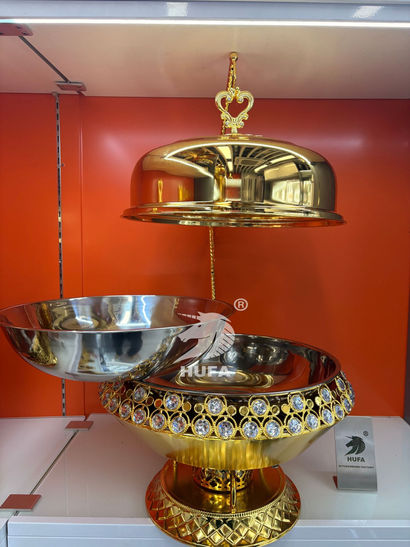 Hotel Restaurant Golden Luxury diamond-encrusted hook Stainless steel Buffet stove Hanging Chafing Dish pic 4