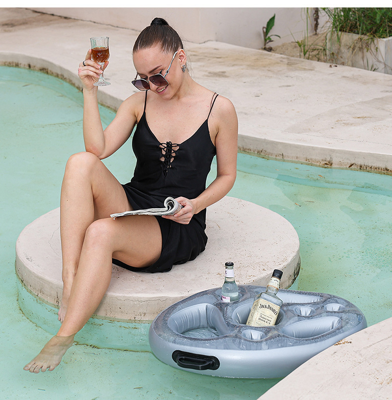 PVC inflatable drink cup holder with handle, mobile phone, water inflatable ice bar, swimming pool party, multi-hole dinner plate tray, summer toys, outdoor camping pic 11