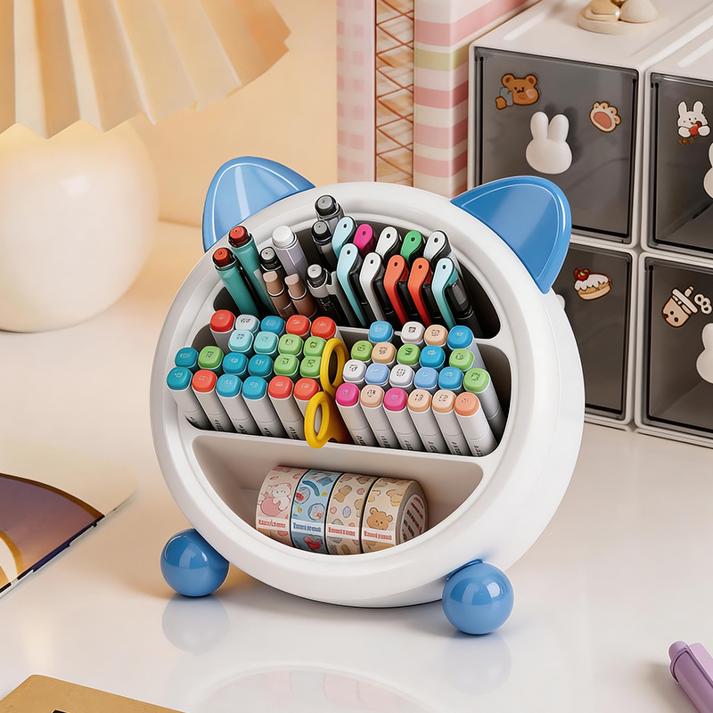 Cute cat-shaped wooden pen holder, desktop storage box, remote control, mobile phone stand, wooden color pasted style pic 2