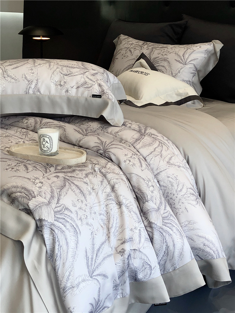 Cool ultra-fine denier Tencel summer light and cool condensation filament four-piece set, elegant printed sweat-absorbing nude bedding pic 10