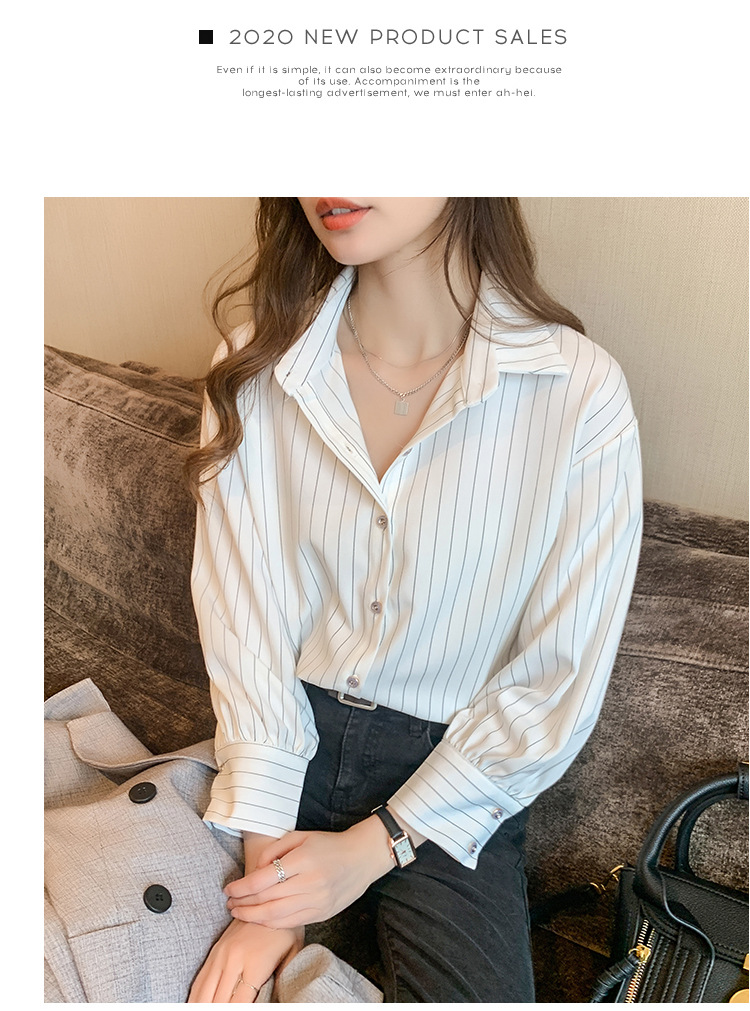 This vertical striped chiffon shirt for women with three-quarter sleeves is a new autumn collection. It features a unique and mature design with a sense of elegance and drape pic 26