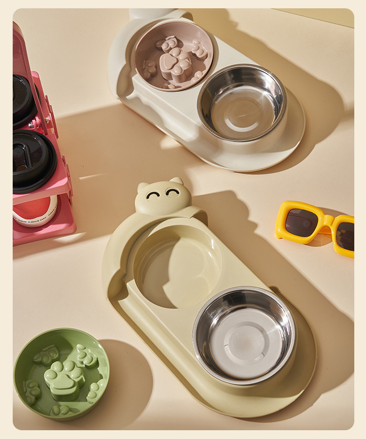 Multi-functional pet double-bowl cartoon with stainless steel bowl, pet feeding utensils, pet water and feeding two-in-one anti-slip bowl pic 10