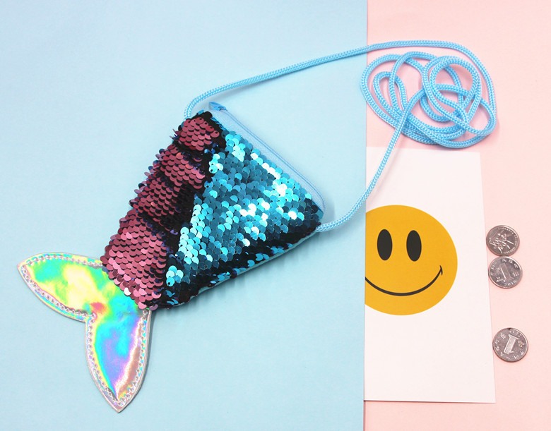 亮片美人鱼挂绳硬币包小钱包儿童斜跨小包鱼尾巴双色亮片零钱包女详情17