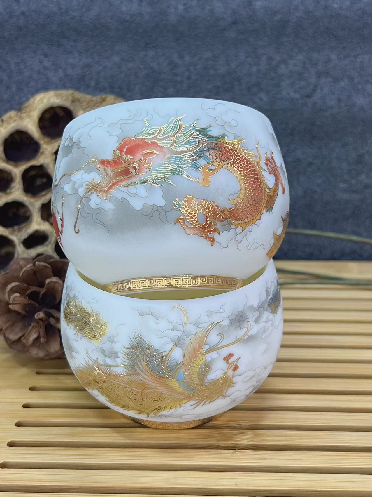羊脂玉陶瓷龙凤对杯茶碗品茗杯主人杯茶盏高档茶杯礼品详情4