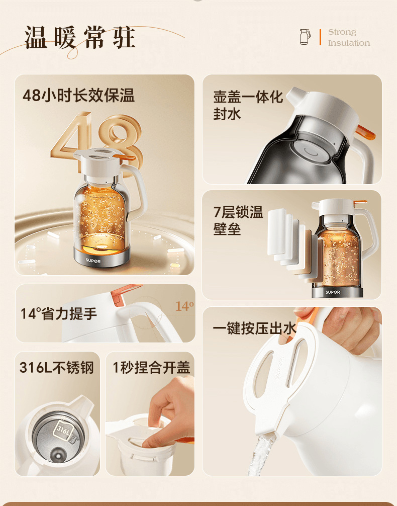 SUPOR 316L Stainless Steel thermos for household, business and office water kettles, daily necessities, cups and thermos pic 2