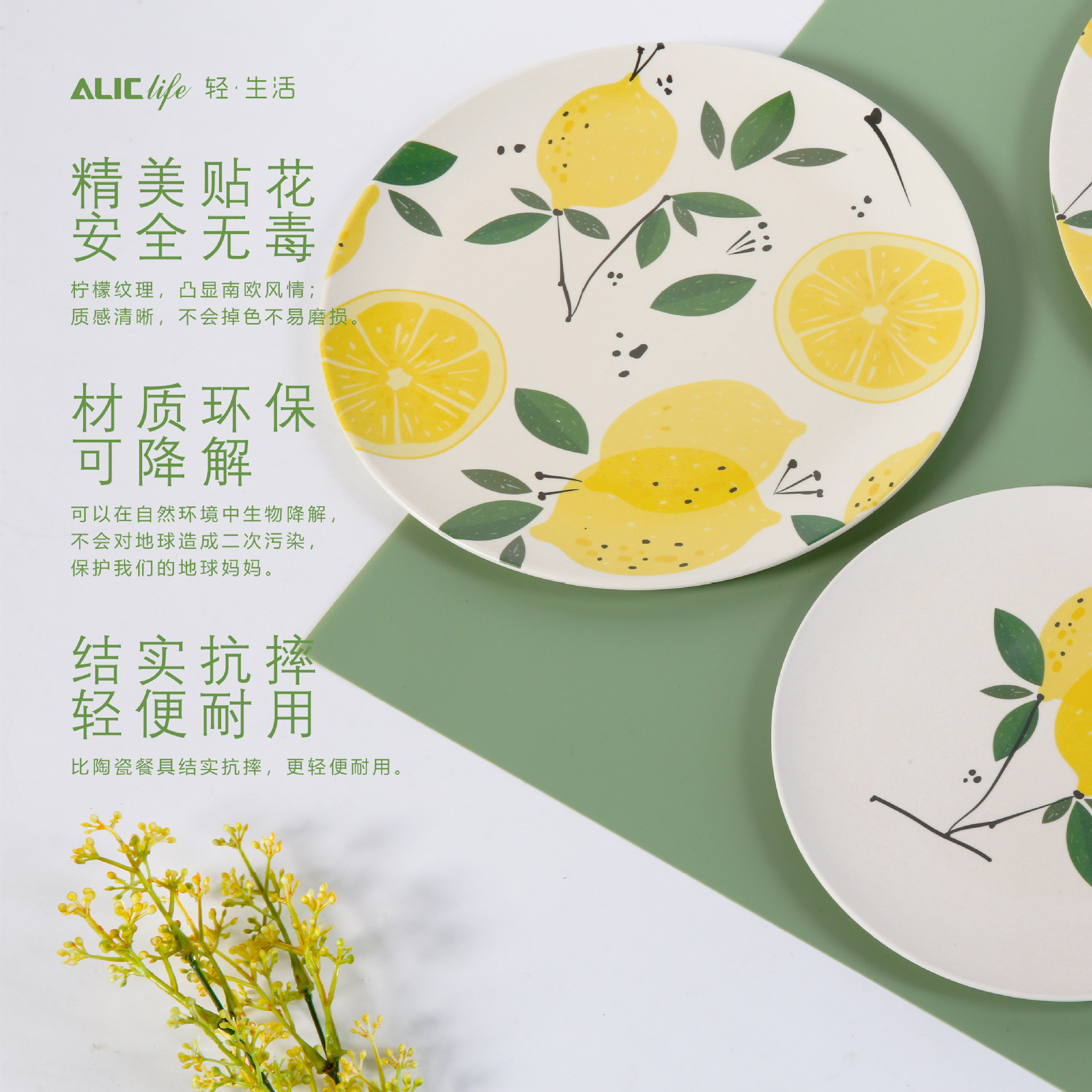 热销柠檬图案竹纤维环保餐具餐盘多种规格平盘深盘大披萨盘详情2