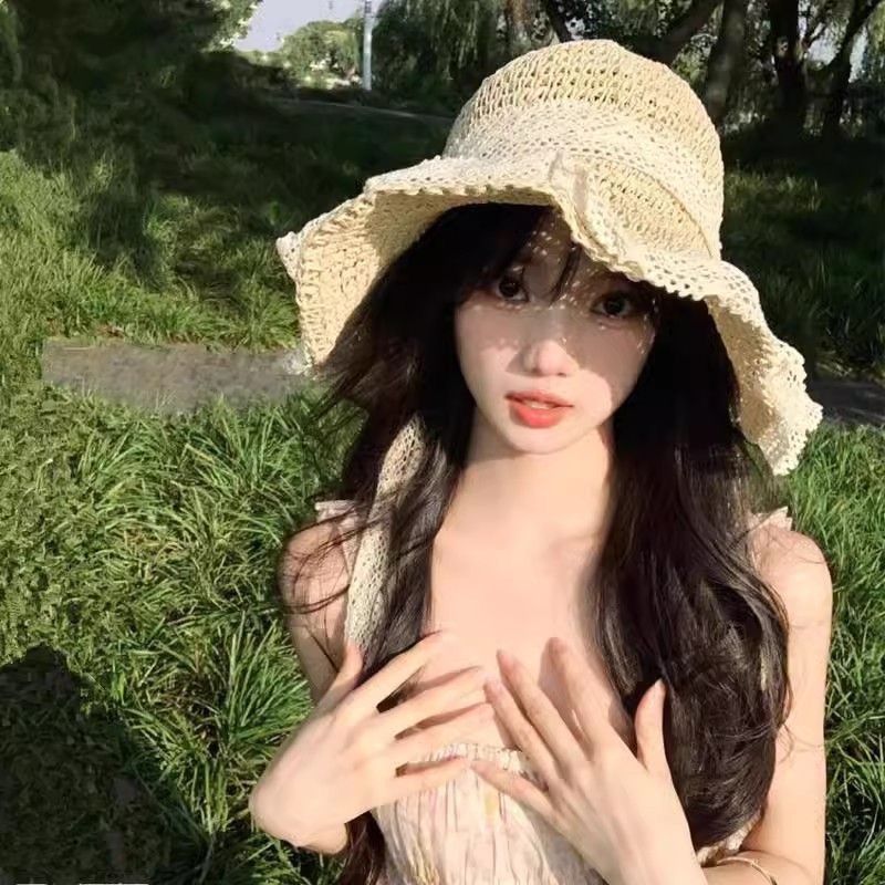 草帽海边帽子ins系带草编帽女出游防晒沙滩太阳帽蕾丝遮阳帽详情1