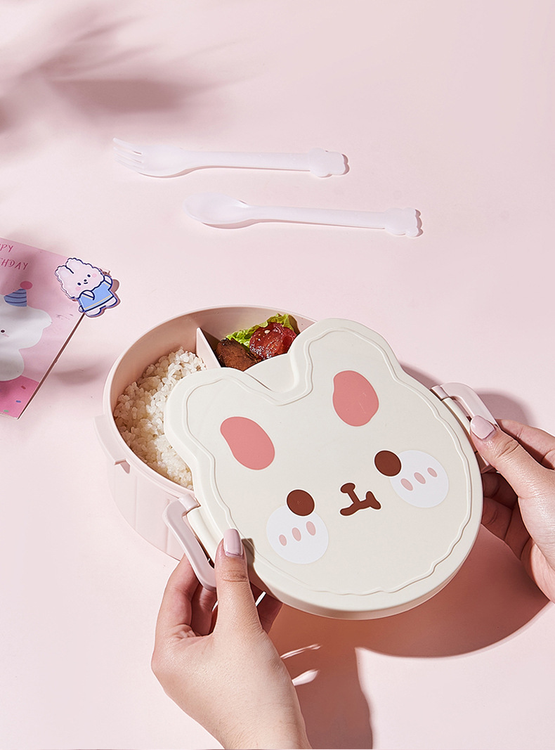 卡通兔学生分格食品级饭盒带盖含叉勺便携可微波上班族餐盒便当盒详情6