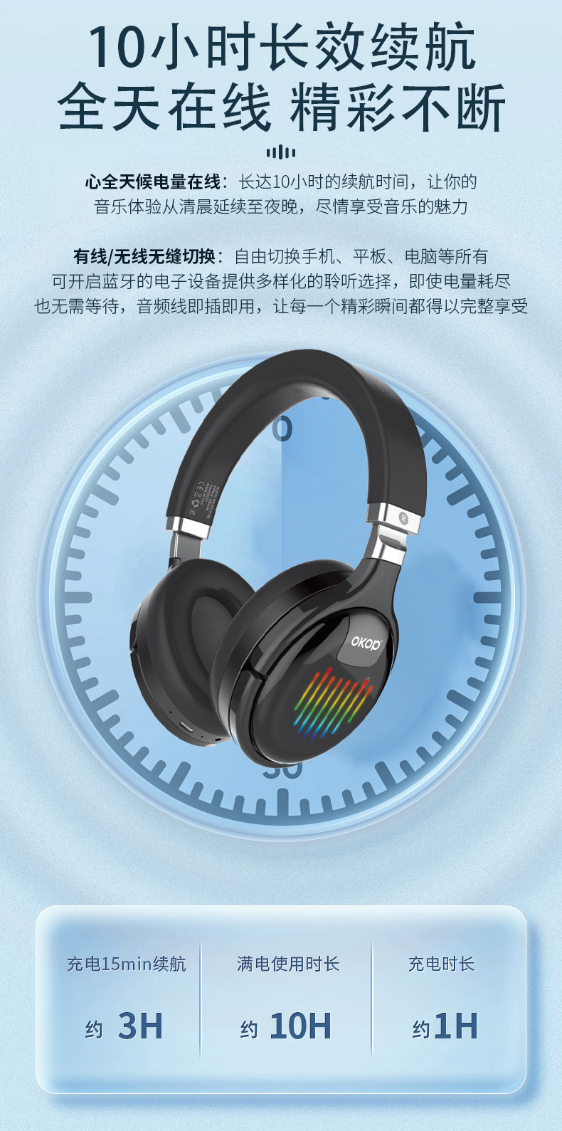 The H103 over-ear Bluetooth headphones are a cross-border bestseller with foldable RGB ambient lighting, active noise cancellation and dynamic driver speakers pic 9