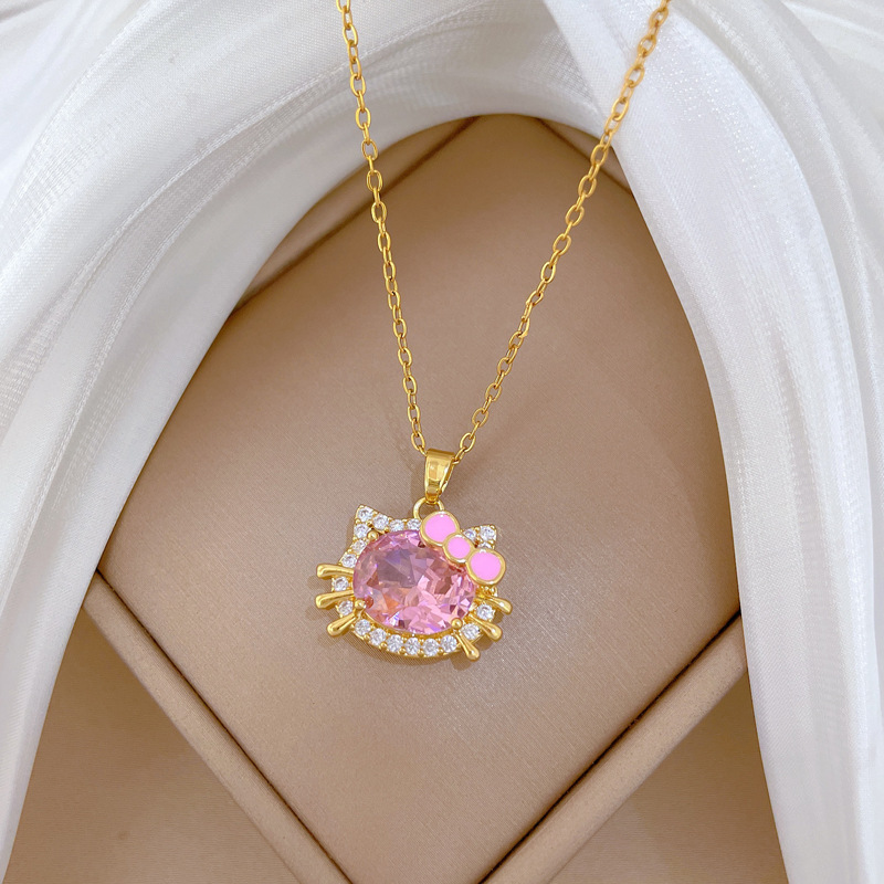 【钛钢】粉色猫咪蝴蝶结轻奢气质华丽满钻项链女百搭锁骨钛钢链详情13