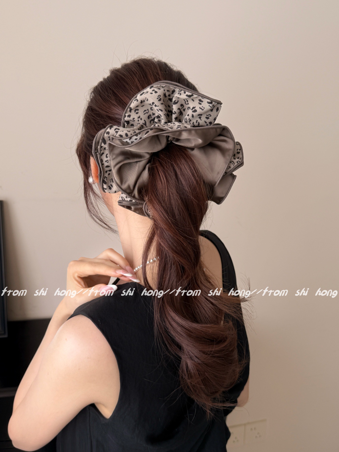 韩版四层锁边AB面双拼豹纹发圈气质百搭丸子头头花时尚发绳扎头绳详情9