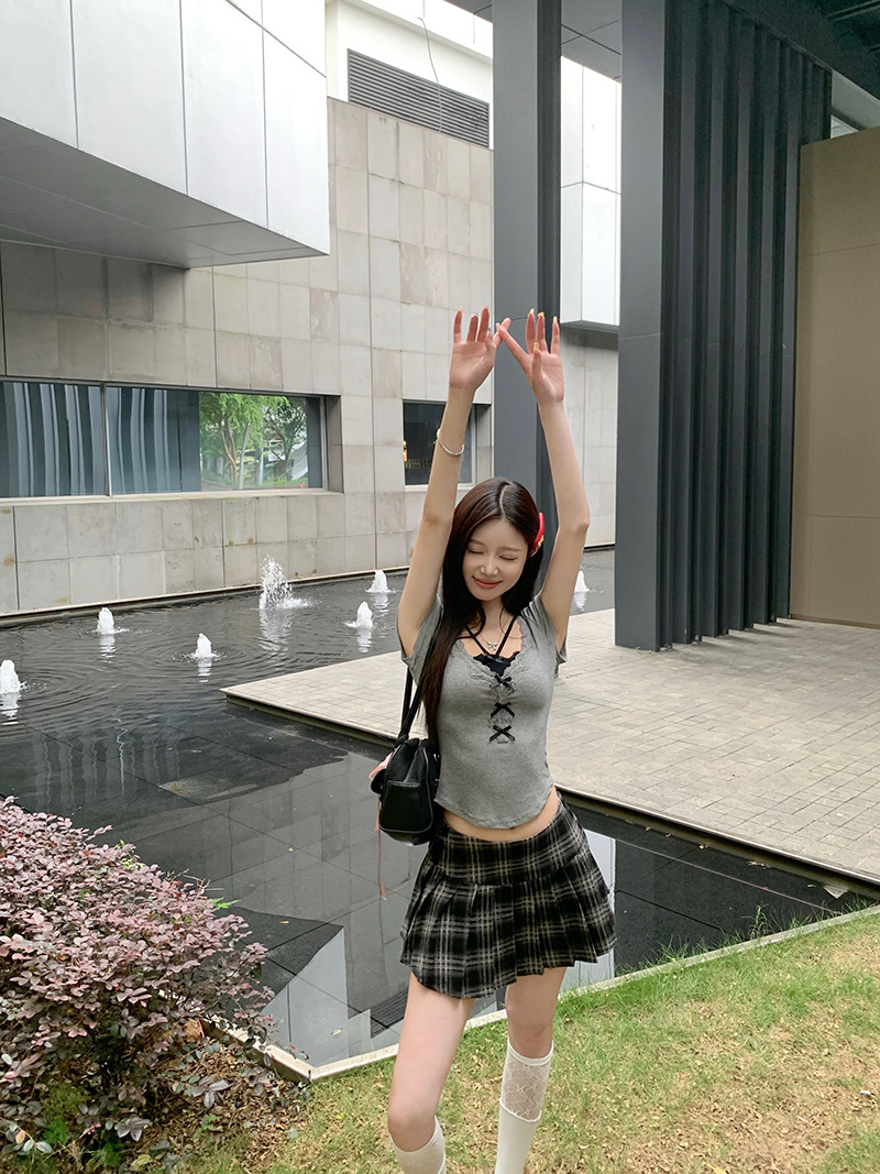 ins性感纯欲假两件V领蝴蝶结短袖T恤夏季修身显瘦辣妹打底上衣女T详情8