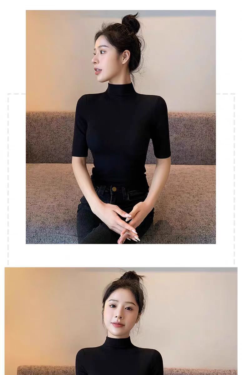 2024新款秋冬小立领短袖T恤女早秋新款韩版修身半高领五分袖纯色详情11
