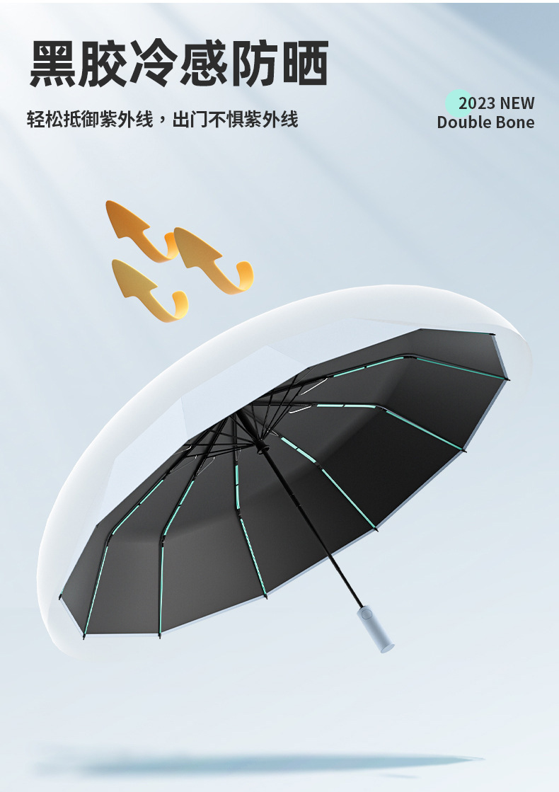 60骨纤维抗风折叠商务全自动晴雨伞 黑胶防晒遮阳防紫外线太阳伞详情11