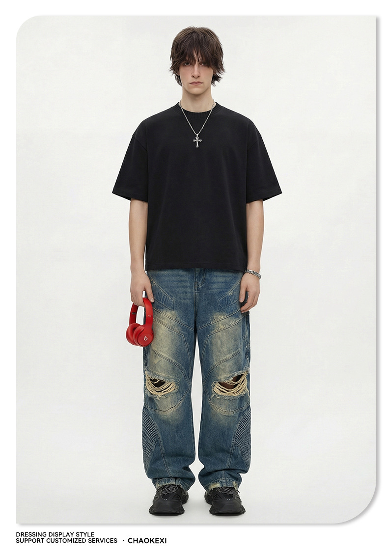 Summer new knitted patchwork color-blocking collar 100% cotton short-sleeved American trendy brand versatile short T-shirt top for men pic 13