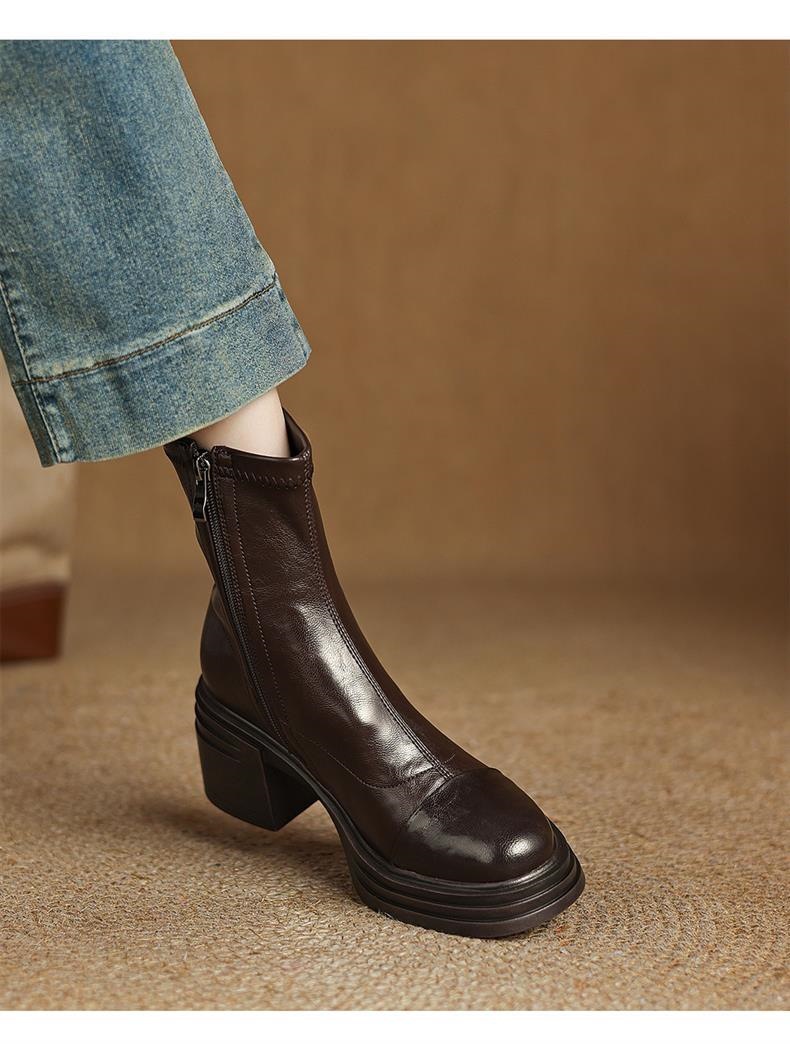 头层牛皮真皮弹力新款瘦瘦靴大码粗跟高跟短靴女秋冬厚底马丁靴详情22